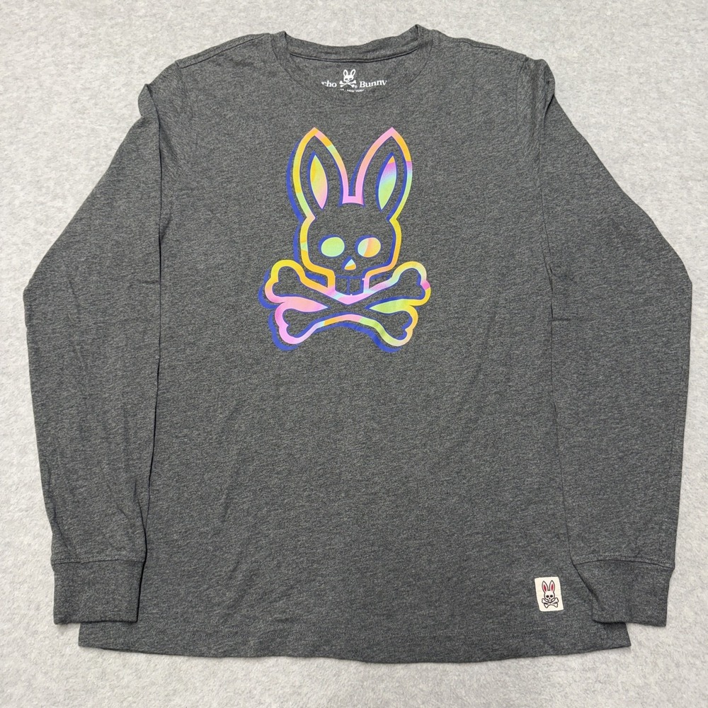 Psycho Bunny Shirt Mens Small Gray Long Sleeve Skull Graphic Tee Pima Cotton